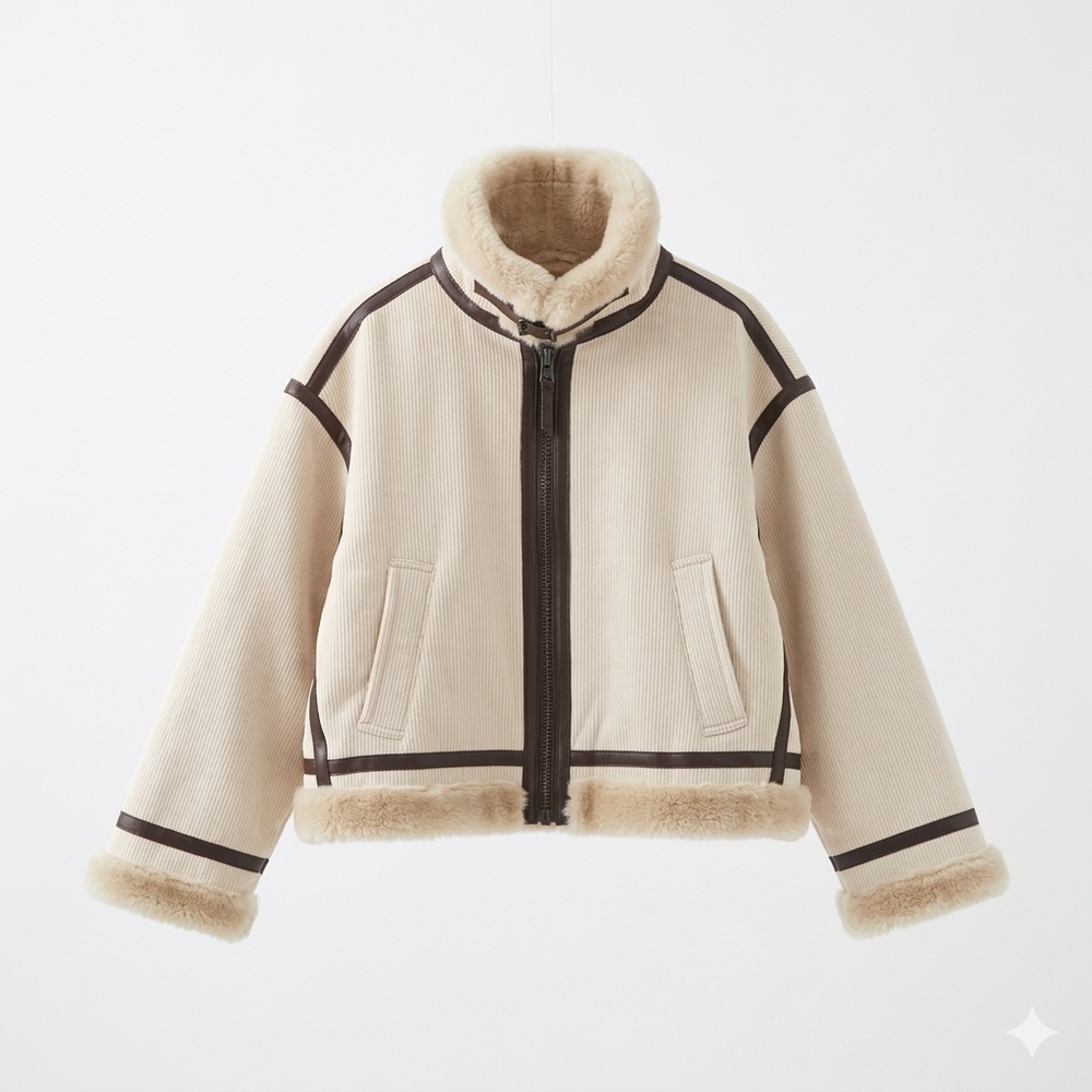 American Eagle Outfitters Cream Teddy Jacket with Brown Trim